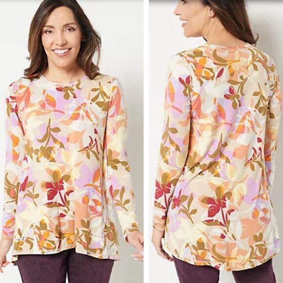 LOGO Lori Goldstein Peach Orange Purple Tan Floral Long Sleeve Knot Tunic Top - Picture 2 of 5